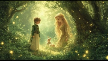 Illustration zum deutschen Märchen Das Meerhäschen: Ein junger Prinz versteckt sich in einer magischen Hasenhöhle in einem verwunschenen Wald, während eine schöne Prinzessin mit goldenem Haar suchend umherblickt. Die Szene ist von sanftem, märchenhaftem Licht durchzogen, mit leuchtendem Grün, schimmernden Feenlichtern und einer geheimnisvollen, magischen Atmosphäre