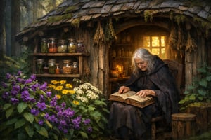 In einem verwunschenen Wald, umgeben von hohen, schattigen Bäumen, steht eine kleine, verwitterte Hütte mit einem schindelgedeckten Dach. Vor der Tür blühen üppige Kräuter in lebhaften Farben: leuchtendes Violett des Bilsenkrauts, sanftes Gelb der Arnika und strahlendes Weiß des Holunders. Auf einem Holzregal neben der Tür sind Gläser mit verschiedenen Pflanzenextrakten und getrockneten Kräutern angeordnet. In der Hütte sitzt eine alte Frau mit silbernem Haar, eingehüllt in einen schlichten, dunklen Umhang. Ihre Hände sind knorrig, aber geschicklich, während sie an einem Kräuterbuch blättert, das auf ihrem Schoß liegt. Im Hintergrund ist ein sanftes Licht zu sehen, das durch das Fenster strömt und die schimmernden Blätter der Pflanzen beleuchtet