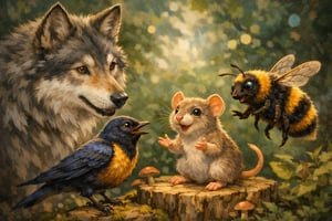 tiere unterhaltten sich: wolf, biene, vogel