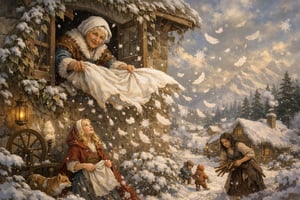 Frau Holle schüttelt die betten