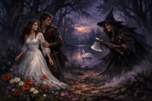 The image depicts a haunting forest scene at dusk, where the silhouettes of twisted trees loom ominously. In the foreground, a beautiful young girl, dressed in a flowing white gown, stands with a look of determination on her face. Beside her, a handsome young man, Roland, appears anxious yet protective. The air is thick with tension as a dark figure, the wicked witch, emerges from the shadows, wielding a gleaming axe, her expression one of malice. The ground is scattered with vibrant flowers, symbolizing the girl's resilience and beauty amidst danger. In the background, a serene lake reflects the twilight sky, where a lone swan glides gracefully, hinting at the magical transformations that lie ahead. The scene encapsulates a moment of impending conflict, blending elements of fantasy and folklore, with a rich color palette of deep greens, purples, and soft blues, creating a mystical atmosphere.
