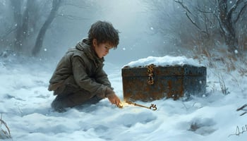 Ein kleiner junge findet einen goldenen schlüssel