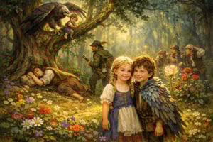 In der mystischen Kulisse eines dichten, verwunschenen Waldes sitzt auf einem hohen Baum ein kleines Kind, das von einem großen Raubvogel entführt wurde. Unter dem Baum schläft eine besorgte Mutter, während ein Förster, in jagdlicher Kleidung, sich dem Baum nähert, um das Kind zu retten. Auf dem Boden stehen zwei fröhliche Kinder, Lenchen und Fundevogel, die unzertrennlich nebeneinander stehen, umgeben von bunten Blumen und strahlendem Sonnenlicht. Lenchen hat ein liebevolles Lächeln auf den Lippen, während Fundevogel, ein Junge mit einem schimmernden, gefiederten Umhang, an ihrer Seite steht. Im Hintergrund sind drei Knechte zu sehen, die verwirrt um eine verwandelte Blume und einen Rosenstock herumlaufen. Die Szene vermittelt ein Gefühl von Magie, Freundschaft und der Kraft von Treue in einer märchenhaften