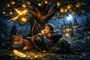 In der nächtlichen Kulisse eines prächtigen Königsgartens steht ein einzelner, majestätischer Baum, dessen Äste mit leuchtenden goldenen Äpfeln behangen sind. Unter dem Baum, in einem sanften Lichtschein, liegt der jüngste Sohn eines Königs, wachsam und aufmerksam. Die Mondstrahlen tanzen auf seinem Gesicht, während er den nächtlichen Himmel beobachtet. Plötzlich, aus der Dunkelheit, fliegt ein schimmernder goldener Vogel heran und setzt sich auf einen der Äpfel. Ein Hauch von Magie umgibt die Szene, als der Junge einen Pfeil spannt. Im Hintergrund schimmert das Schloss des Königs, dessen Fenster hell erleuchtet sind, während Schatten von Wächtern und geheimnisvollen Wesen durch den Garten huschen. Auf dem Boden liegt eine glänzende goldene Feder, die im Mondlicht funkelt. Der Fuchs, ein schelmisches Wesen mit