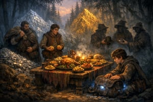 In einem dichten, mystischen Wald stehen drei Brüder, umgeben von silbernen und goldenen Bergen, die im sanften Licht der Dämmerung schimmern. Der älteste Bruder mit einem entschlossenen Ausdruck trägt einen schweren Sack voller Silber, während der zweite Bruder zögerlich Gold in seinen Taschen hat. Der jüngste Bruder, mit hungrigem Blick, ignoriert die glänzenden Schätze und blickt weiter in den tiefen Wald. In der Mitte des Bildes ist ein Tisch mit üppigen Speisen gedeckt, dampfend und einladend, während der jüngste Bruder sich dem Tisch nähert. Seine Hände sind leise auf einem alten, abgetragenen Ranzen ruhend, von dem eine Aura geheimnisvoller Macht ausgeht. Im Hintergrund sind schemenhafte Gestalten von Köhlern zu sehen, die ihm zusehen und ihm geheimnisvolle Geschenke anbieten