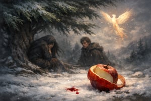 In der Szene unter einem majestätischen Wacholderbaum, dessen dichte, grüne Zweige sich sanft im Wind wiegen, liegt der Schnee leicht auf dem Boden. Ein roter Apfel, halb geschält, rollt in der Nähe, während ein Tropfen Blut auf den weißen Schnee tropft, ein Symbol für den tiefen Wunsch einer Mutter. Im Hintergrund sind schemenhafte Figuren zu sehen: eine traurige Frau, die am Baum kniet, und ein junger Mann mit einem sanften, aber besorgten Gesichtsausdruck, der das Geschehen beobachtet. In der Ferne erhebt sich ein leuchtender Vogel mit schimmerndem Gefieder, der majestätisch in den Himmel aufsteigt, während er ein melancholisches Lied singt. Die Atmosphäre ist sowohl mystisch als auch düster, durchdrungen von einer unbestimmten Vorahnung von Verlust und Wiedergeburt, die in der Luft schwebt.