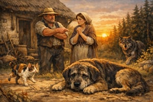 In einer ländlichen Umgebung, vor einem alten, rustikalen Bauernhaus, steht ein alter, zahnloser Hund namens Sultan, dessen trauriger Blick die Trauer über seine bevorstehende Abschiebung widerspiegelt. Er liegt in der Sonne, während sein Bauer, ein grobschlächtiger Mann mit einem Strohhut, mit seiner Frau diskutiert. Die Frau, sanft und mitleidig, zeigt eine besorgte Miene, während der Bauer, mit verschränkten Armen und einem entschlossenen Gesichtsausdruck, auf den Hund zeigt und seine Entscheidung verkündet. Im Hintergrund ist ein Wald sichtbar, aus dem ein Wolf mit einem schelmischen Ausdruck hervorkommt, während die Sonne langsam untergeht. In der Nähe huscht eine dreibeinige Katze, die unfreiwillig komisch wirkt, und die Szenen um sie herum scheinen in einem Moment der Spannung zu verharren.