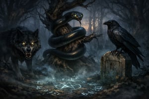 The image depicts a dark, mystical forest bathed in twilight, where three prominent figures emerge from the shadows. On the left, a menacing wolf with piercing yellow eyes stands alert, its fur bristled and teeth bared, embodying the archetype of the big bad wolf. In the center, a sleek, sinuous snake coils around a gnarled tree branch, its scales glistening ominously, a forked tongue flicking in and out, suggesting both seduction and danger. To the right, a large raven perches atop a weathered tombstone, its glossy feathers absorbing the fading light, gazing intently with an air of intelligence and foreboding. The background is filled with twisted trees and a fog that creeps along the ground, enhancing the eerie atmosphere. A faint, ethereal glow emanates from the ground, illuminating symbols and runes that hint at ancient stories, evoking a sense of enchantment and foreboding intertwined in the natural