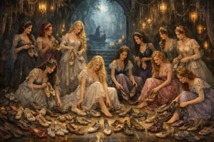 die prinzessinnen aus dem märchen die zertanzten schuhe betrachten ihre schuhe
