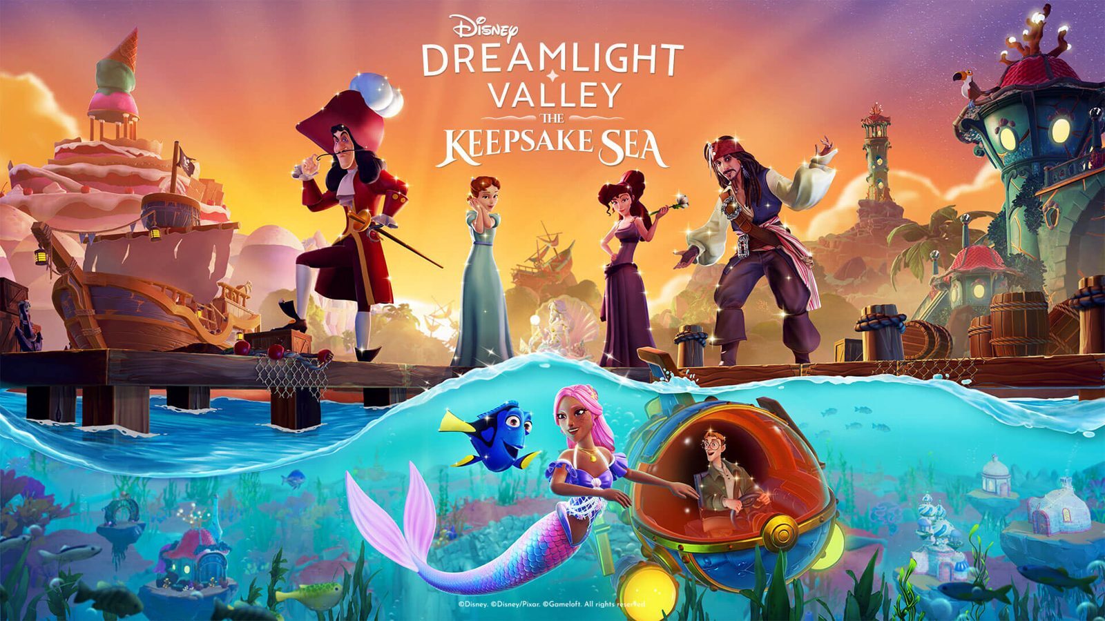 Key Art von Disney Dreamlight Valley: The Keepsake Sea mit Käpt'n Hook, Wendy, Megara, Jack Sparrow, Dorie und Milo im U-Boot