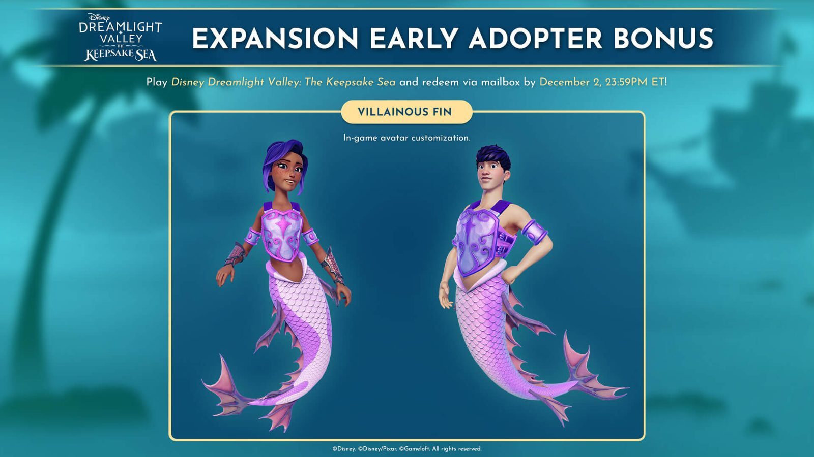 Launch-Bonus Villainous Fin: lila Meerjungfrauen-Flosse für Avatare in Dreamlight Valley
