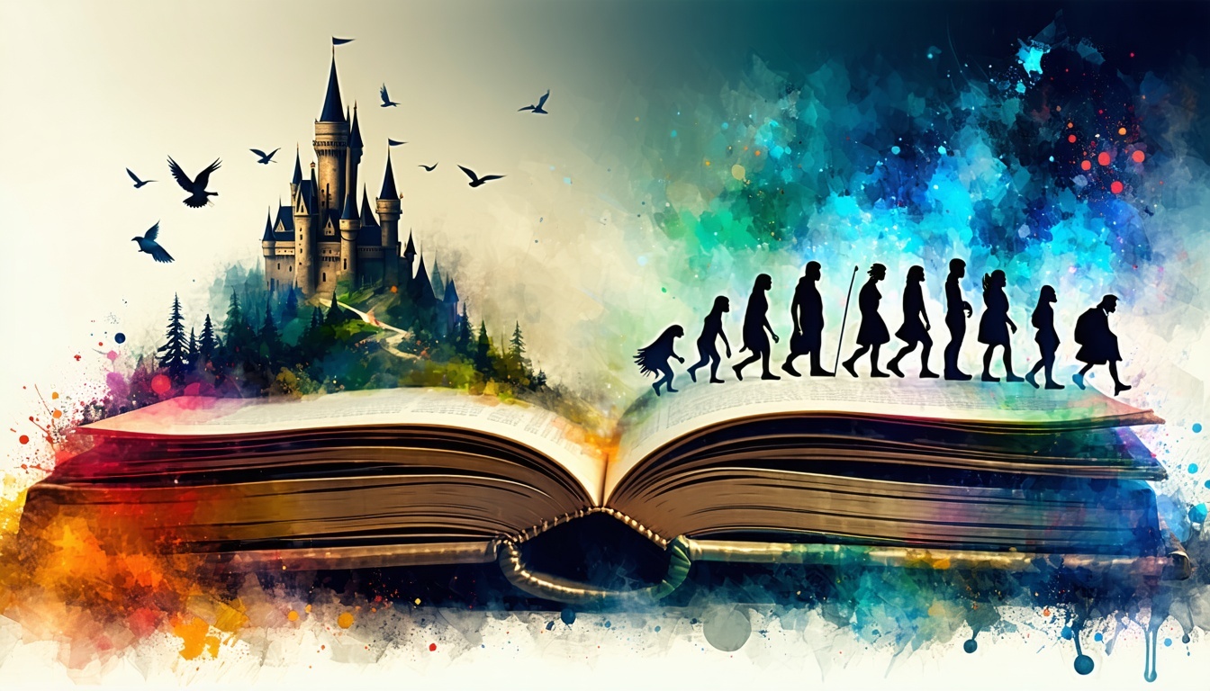 book cover style image showing the evolution from classic fairy tales to modern adaptations