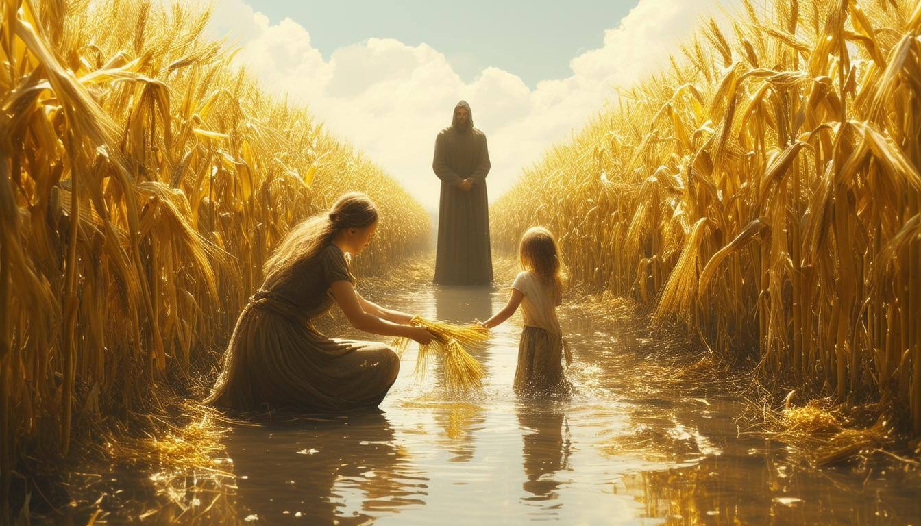 Mutter und Kind im kornfeld Pfütze