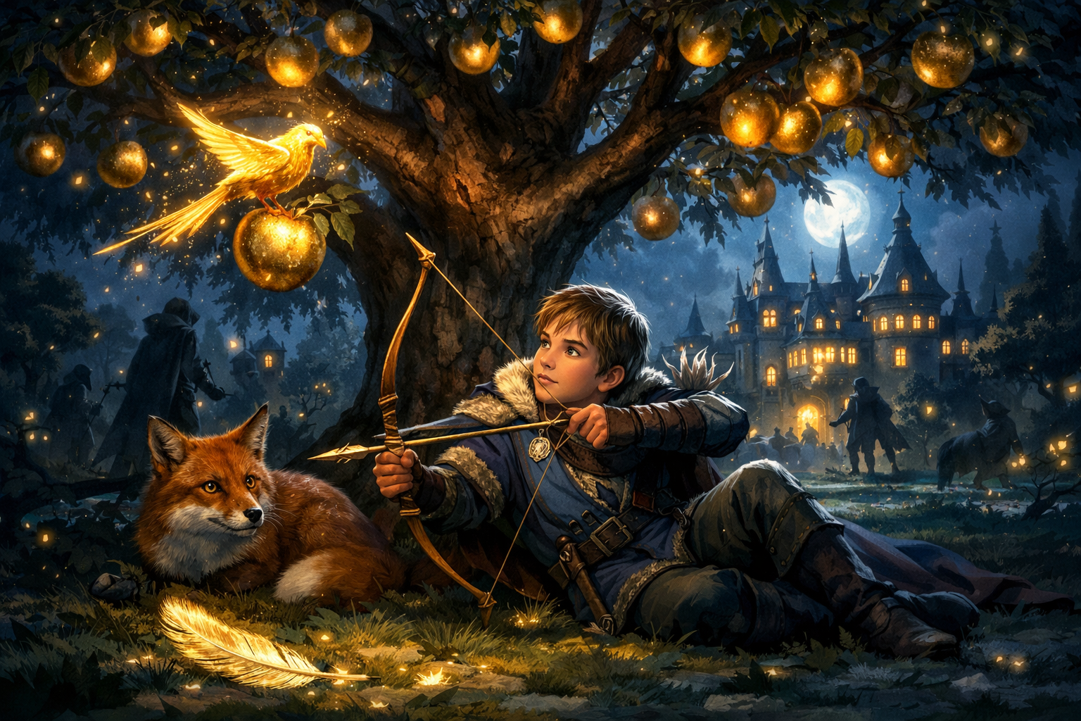 In der nächtlichen Kulisse eines prächtigen Königsgartens steht ein einzelner, majestätischer Baum, dessen Äste mit leuchtenden goldenen Äpfeln behangen sind. Unter dem Baum, in einem sanften Lichtschein, liegt der jüngste Sohn eines Königs, wachsam und aufmerksam. Die Mondstrahlen tanzen auf seinem Gesicht, während er den nächtlichen Himmel beobachtet. Plötzlich, aus der Dunkelheit, fliegt ein schimmernder goldener Vogel heran und setzt sich auf einen der Äpfel. Ein Hauch von Magie umgibt die Szene, als der Junge einen Pfeil spannt. Im Hintergrund schimmert das Schloss des Königs, dessen Fenster hell erleuchtet sind, während Schatten von Wächtern und geheimnisvollen Wesen durch den Garten huschen. Auf dem Boden liegt eine glänzende goldene Feder, die im Mondlicht funkelt. Der Fuchs, ein schelmisches Wesen mit