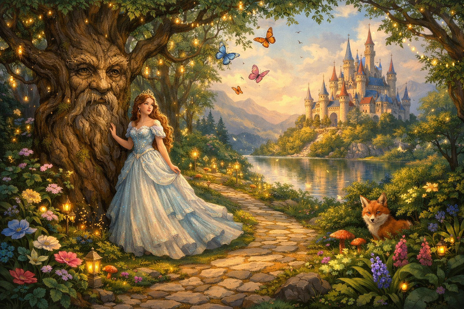 The image depicts a whimsical, richly detailed scene inspired by classic fairy tales. In the foreground, a lush, enchanted forest teems with vibrant flora and delicate, luminescent flowers. A winding, cobblestone path leads through the greenery, flanked by ancient trees with gnarled branches and twinkling fairy lights.   In the center, an elegant princess in a flowing gown stands beside a wise old tree, its bark twisted with age, while a playful fox peeks from behind a bush. To the right, a castle looms on a distant hill, its turrets glistening in the sunlight, surrounded by a shimmering lake reflecting the sky.   Above, a colorful tapestry of butterflies flutters through the air, while a gentle breeze carries the sound of distant laughter. The overall atmosphere is enchanting and magical, inviting viewers to step into a world where stories come to life and adventure awaits.