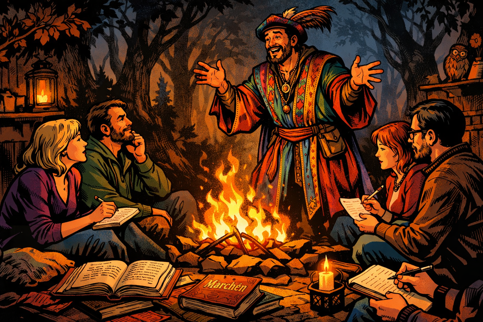 In der Szenerie eines gemütlichen, mit warmem Licht erleuchteten Raumes sitzt eine Gruppe von Erwachsenen um ein knisterndes Lagerfeuer. Ihre Gesichter strahlen Neugier und Faszination aus, während ein professioneller Geschichtenerzähler in einem farbenfrohen Gewand vor ihnen steht. Er gestikuliert lebhaft, seine Augen funkeln vor Begeisterung. Im Hintergrund sind Schatten von Bäumen zu sehen, die die Atmosphäre eines geheimnisvollen Waldes schaffen. Auf dem Boden liegen alte Märchenbücher, und einige Zuhörer halten Stifte und Notizblätter in den Händen, bereit, ihre Gedanken festzuhalten. Der Raum wird von einem Gefühl der Gemeinschaft durchzogen, während die Zuhörer in die Welt der Märchen eintauchen, nicht nur als Kinder, sondern als Erwachsene auf der Suche nach tieferer Bedeutung und Selbsterkenntnis.