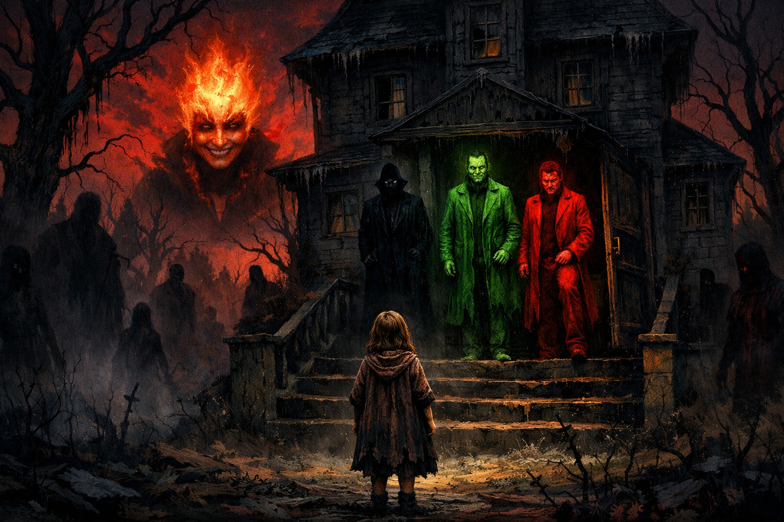 Das Bild zeigt eine düstere Märchenlandschaft, in der ein kleines, ängstliches Mädchen vor einem unheimlichen, alten Haus steht. Das Gebäude, umgeben von verdorrten Bäumen und schattigen, gespenstischen Figuren, strahlt eine bedrohliche Aura aus. Die Fenster sind dunkel und die Tür steht einen Spalt offen, als ob sie das Kind einladen würde. Auf der Treppe des Hauses erscheinen drei Männer in schockierenden Farben: einer in tiefem Schwarz, der zweite in einem unheimlichen Grün und der dritte in blutrot, jeder mit einem unheilvollen Ausdruck. Im Hintergrund, unter einem blutroten Himmel, ist eine schemenhafte Gestalt zu erkennen – Frau Trude, mit einem diabolischen Lächeln und einem feurigen Kopf, der geheimnisvoll leuchtet. 