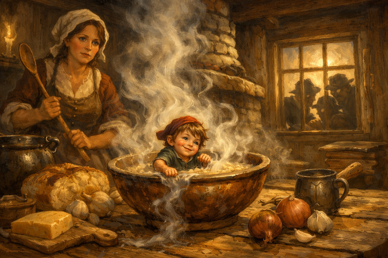 Die Illustration zeigt den kleinen Daumerling, kaum größer als ein Daumen, wie er auf einem großen, rustikalen Küchentisch sitzt. Um ihn herum sind Küchenutensilien und eine dampfende Schüssel mit Essen, aus der er neugierig hervorlugt. Sein Gesicht ist von einem schelmischen Lächeln geprägt, während der Dampf ihn leicht anhebt und in Richtung des Schornsteins zieht. Im Hintergrund sieht man eine besorgte Mutter, die mit einer langen Löffelrührer in der Hand steht und ihn anblickt. Die Wände der Küche sind aus altem Holz, und Fensterglas lässt sanftes Licht herein, das die Szene in ein warmes, einladendes Licht taucht. In der Ecke des Bildes sind Schatten von Räubern zu sehen, die heimlich durch das Fenster spähen, was die Spannung und das Abenteuer des kleinen Helden andeutet.