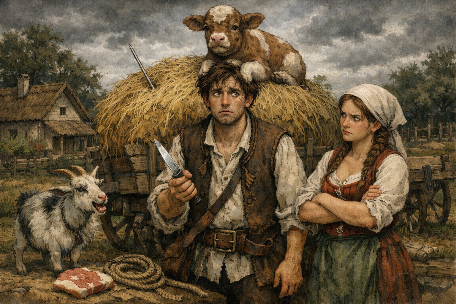 In der Mitte des Bildes steht ein junger Mann namens Hans, mit einem verwirrten Gesichtsausdruck, der an einem Heuwagen steht. Er hat einen großen Heuhaufen hinter sich, aus dem eine Nadel herausragt. Neben ihm ist eine junge Frau namens Gretel, die ihn skeptisch anblickt. In Hans' Hand befindet sich ein Messer, das er unsicher hält. Um sie herum sind verschiedene Tiere: eine Ziege, die unruhig auf dem Boden steht, und ein Kalb, das auf Hans’ Kopf sitzt. Im Hintergrund ist eine einfache, ländliche Szenerie mit einem kleinen Haus und einem Garten zu sehen, umgeben von Bäumen. Der Himmel ist bewölkt, was die düstere Stimmung des Geschehens unterstreicht. Auf dem Boden liegen verstreute Gegenstände, darunter ein Stück Speck und ein Seil, die Hinweise auf Hans' Missgeschicke darstellen.