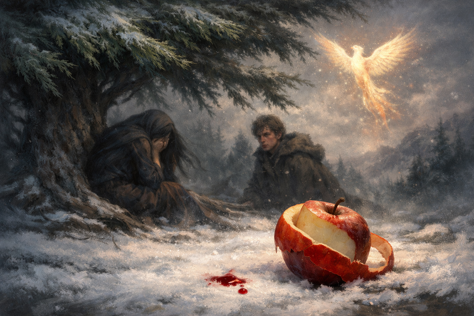 In der Szene unter einem majestätischen Wacholderbaum, dessen dichte, grüne Zweige sich sanft im Wind wiegen, liegt der Schnee leicht auf dem Boden. Ein roter Apfel, halb geschält, rollt in der Nähe, während ein Tropfen Blut auf den weißen Schnee tropft, ein Symbol für den tiefen Wunsch einer Mutter. Im Hintergrund sind schemenhafte Figuren zu sehen: eine traurige Frau, die am Baum kniet, und ein junger Mann mit einem sanften, aber besorgten Gesichtsausdruck, der das Geschehen beobachtet. In der Ferne erhebt sich ein leuchtender Vogel mit schimmerndem Gefieder, der majestätisch in den Himmel aufsteigt, während er ein melancholisches Lied singt. Die Atmosphäre ist sowohl mystisch als auch düster, durchdrungen von einer unbestimmten Vorahnung von Verlust und Wiedergeburt, die in der Luft schwebt.