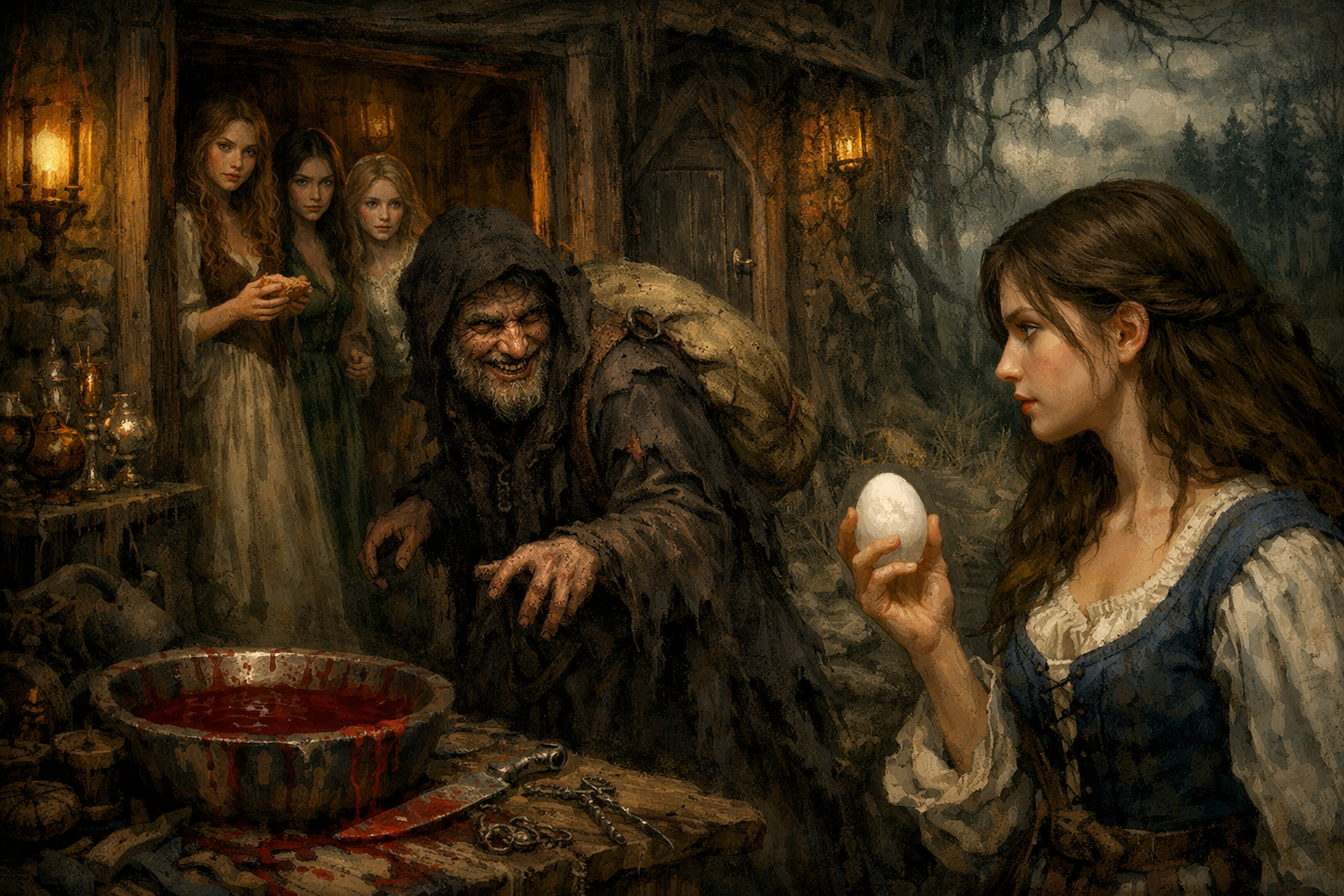 In einem düsteren, verwunschenen Wald steht ein prächtiges, aber unheimliches Haus, umgeben von dichten, drohenden Bäumen. Vor der Tür sitzt ein Hexenmeister, verkleidet als armer Bettler, mit einem schmutzigen Kötze auf dem Rücken. Drei schöne Schwestern stehen zögernd in der Tür, die älteste hält ein Stück Brot in der Hand. Der Himmel ist bewölkt, und ein fahles Licht fällt auf die Szenerie. Im Inneren des Hauses blitzen goldene und silberne Gegenstände hervor, während eine verbotene Tür im Hintergrund angedeutet wird. Auf dem Boden liegt ein blutiges Becken, umgeben von schrecklichen Werkzeugen. Eine dritte Schwester, klug und entschlossen, beobachtet die Szene. Sie hält ein makelloses Ei in der Hand, während der Hexenmeister mit einem diabolischen Grinsen auf sie zukommt.