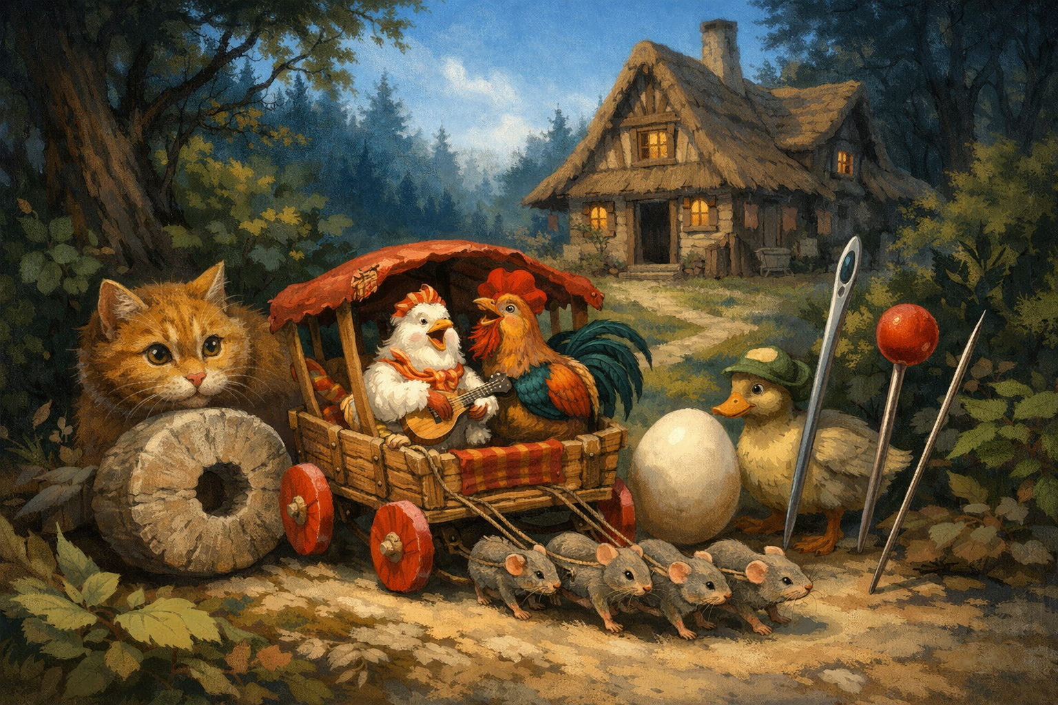 In der Bildmitte steht ein bunt bemalter Wagen mit vier leuchtend roten Rädern, gezogen von vier kleinen Mäuschen, die mit Energie vorwärts ziehen. Auf dem Wagen sitzen ein Hühnchen und ein Hähnchen, die fröhlich in die Ferne blicken. Um den Wagen herum versammelt sich eine skurrile Gruppe: Eine neugierige Katze, die im Kamin sitzt und mit Asche spielt, eine Ente, die an einer Wasserstelle steht und Wasser spritzt, ein Ei, das in einem Handtuch gewickelt ist, eine Stecknadel, die in einem Stuhlkissen steckt, eine Nähnadel, die im Kopfkissen sitzt, und ein schwerer Mühlstein, der drohend über der Haustür schwebt. Im Hintergrund ist ein einfaches, rustikales Haus zu sehen, das in sanften Erdtönen gehalten ist.
