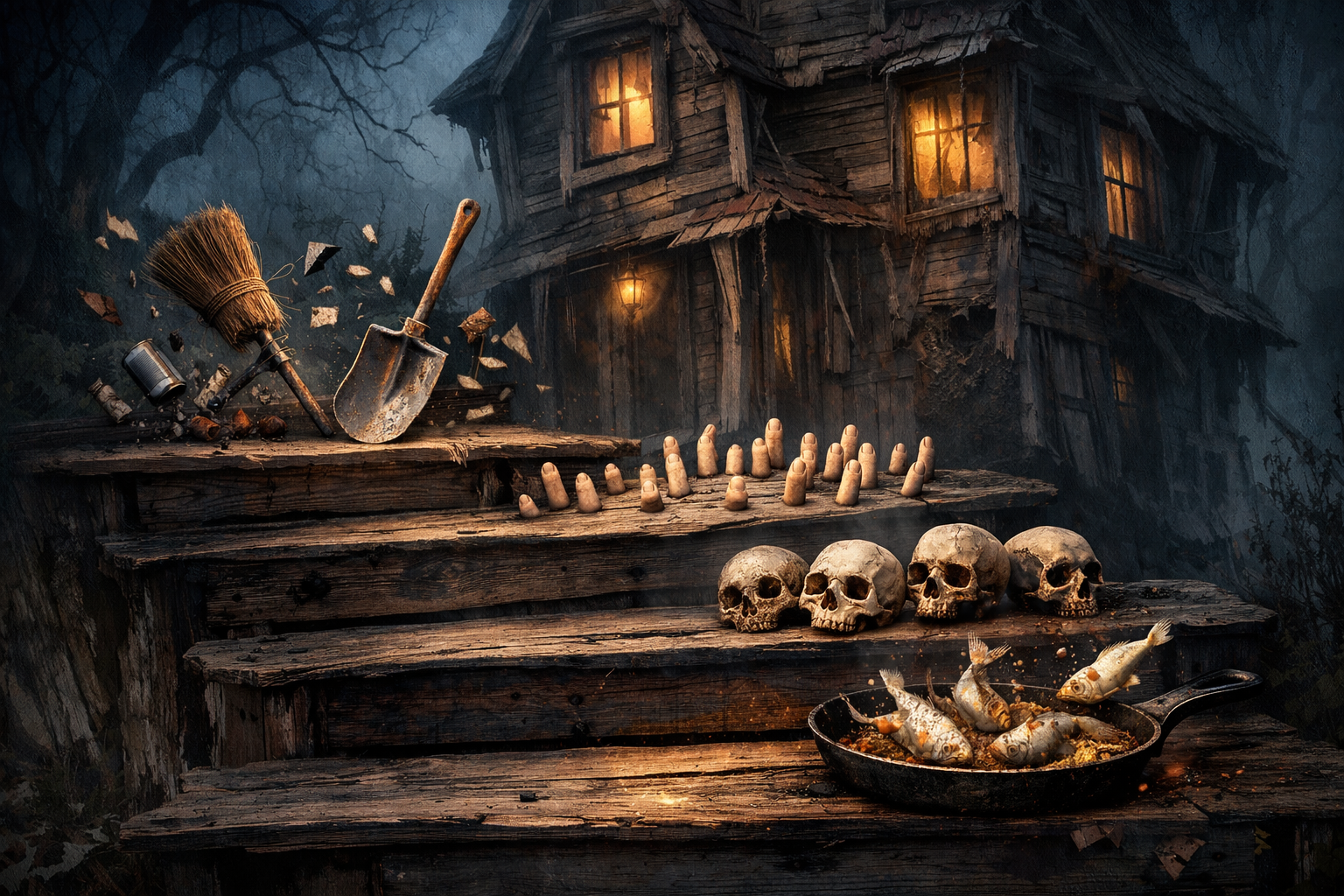 In einer düsteren, märchenhaften Szenerie steht ein imposantes, altes Haus mit einer schiefen Fassade und verwitterten Holzfenstern. Die Atmosphäre ist unheimlich, durchzogen von einem geheimnisvollen Licht, das schüchtern durch die Ritzen der Fenster dringt. Vor dem Haus sind fünf abgenutzte und knarrende Treppen, jede mit eigenartigen, surrealen Elementen. Auf der ersten Treppe streiten sich ein Besen und eine Schaufel, während sie mit einem chaotischen Durcheinander um sich werfen. Die zweite Treppe ist mit leblosen Fingerkuppen bedeckt, die unheimlich aus dem Holz ragen. Auf der dritten Stufe liegen mehrere Totenköpfe, die einen bleichen Kontrast zum dunklen Holz bilden. Die vierte Treppe zeigt Fische, die in einer Pfanne brutzeln und sich selbst wenden. 