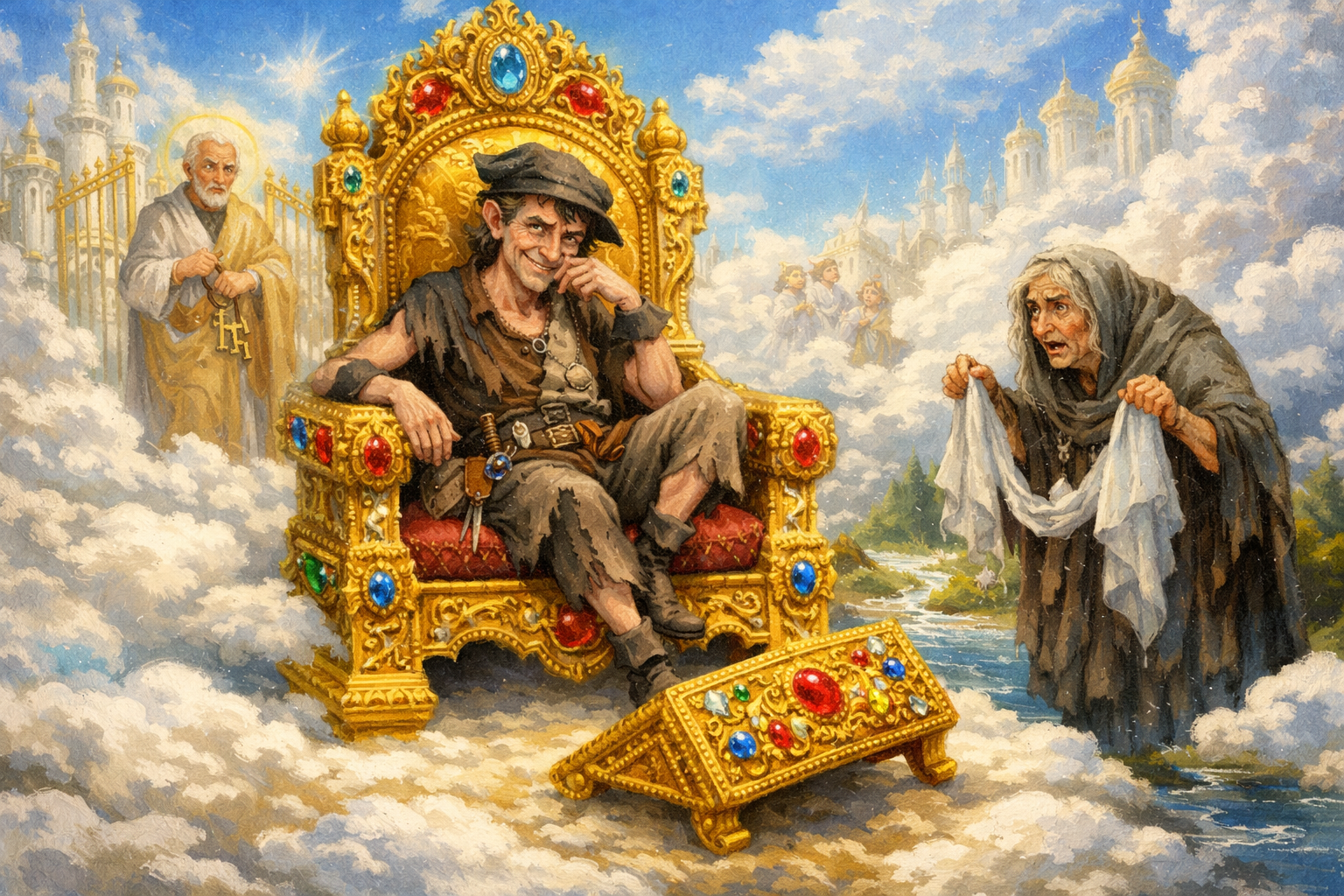 In einer himmlischen Landschaft mit strahlend blauem Himmel und schimmernden Wolken steht ein kleiner, dünn wirkender Schneider, der in einem zerrissenen Gewand gekleidet ist. Er hat einen schüchternen, aber gleichzeitig listigen Ausdruck auf seinem Gesicht, während er auf einem prächtigen, goldenen Thron sitzt, der mit leuchtenden Edelsteinen verziert ist. Vor ihm liegt ein goldener Fußschemel, der schräg auf dem Boden steht und auf den Blick des Schneiders gerichtet ist. Im Hintergrund sind heilige Gestalten wie Petrus, der mit einem besorgten Gesichtsausdruck an der Himmelstür steht, sichtbar. Eine alte, gebrechliche Frau, die am Ufer eines glitzernden Baches steht, schaut verstört auf den Schneider, während sie zwei Schleier in ihren Händen hält. Die Szenerie strahlt eine Mischung aus Ironie und Komik aus