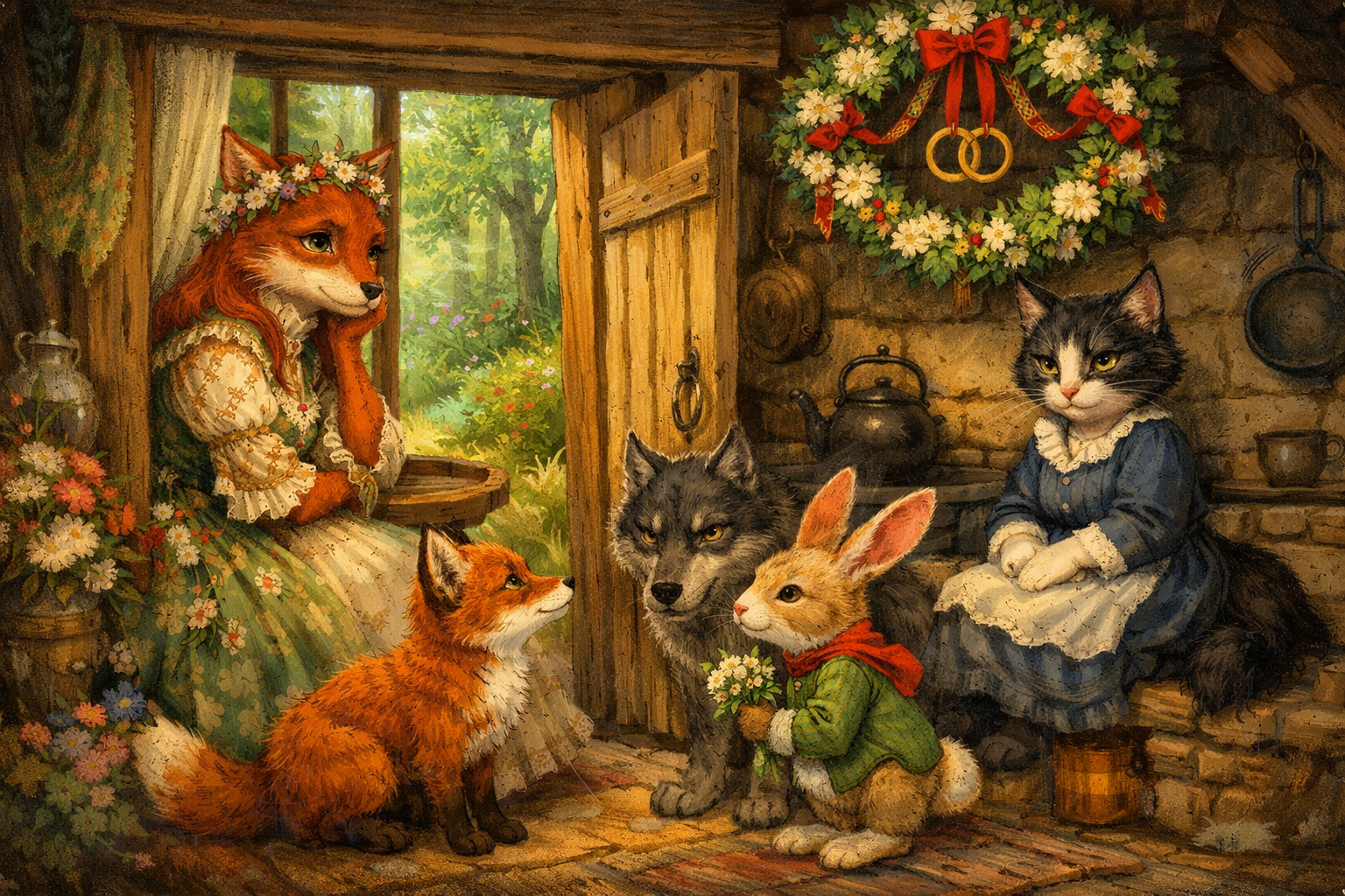 In einer lebhaften Waldszene, umgeben von dichten, grünen Bäumen und bunten Blumen, steht die elegante Frau Füchsin in einem kleinen, gemütlichen Holzhäuschen. Sie hat ein glänzendes, rötliches Fell und trägt ein feines, blühendes Kleid. Ihre Augen sind voller Traurigkeit, während sie an einem Fenster sitzt und nachdenklich nach draußen blickt. Vor der Haustür versammeln sich verschiedene Tiere: ein junger Fuchs mit nur einem Schwanz, ein Wolf mit grimmigen Augen, und ein bunter Hase, die alle um ihre Hand anhalten. Die Jungfer Katze, mit einem scharfen Blick und einem schüchternen Lächeln, sitzt auf dem Herd und beobachtet die Szene. Über ihr hängt ein festlich dekorierter Kranz, der auf eine bevorstehende Hochzeit hinweist. 