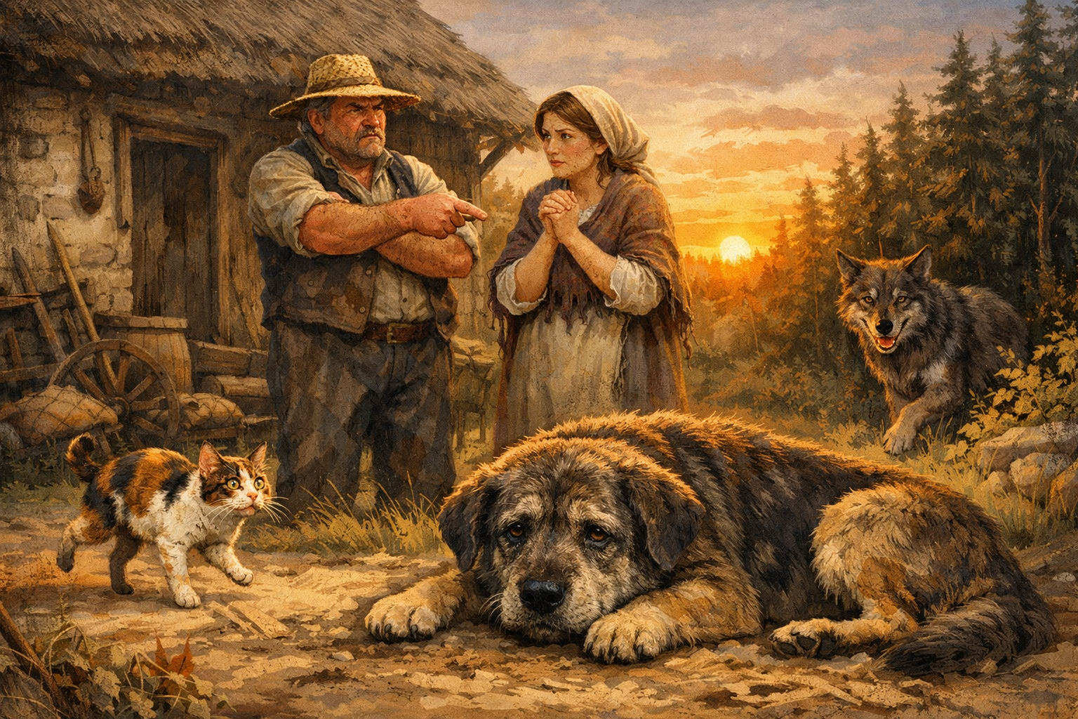 In einer ländlichen Umgebung, vor einem alten, rustikalen Bauernhaus, steht ein alter, zahnloser Hund namens Sultan, dessen trauriger Blick die Trauer über seine bevorstehende Abschiebung widerspiegelt. Er liegt in der Sonne, während sein Bauer, ein grobschlächtiger Mann mit einem Strohhut, mit seiner Frau diskutiert. Die Frau, sanft und mitleidig, zeigt eine besorgte Miene, während der Bauer, mit verschränkten Armen und einem entschlossenen Gesichtsausdruck, auf den Hund zeigt und seine Entscheidung verkündet. Im Hintergrund ist ein Wald sichtbar, aus dem ein Wolf mit einem schelmischen Ausdruck hervorkommt, während die Sonne langsam untergeht. In der Nähe huscht eine dreibeinige Katze, die unfreiwillig komisch wirkt, und die Szenen um sie herum scheinen in einem Moment der Spannung zu verharren.