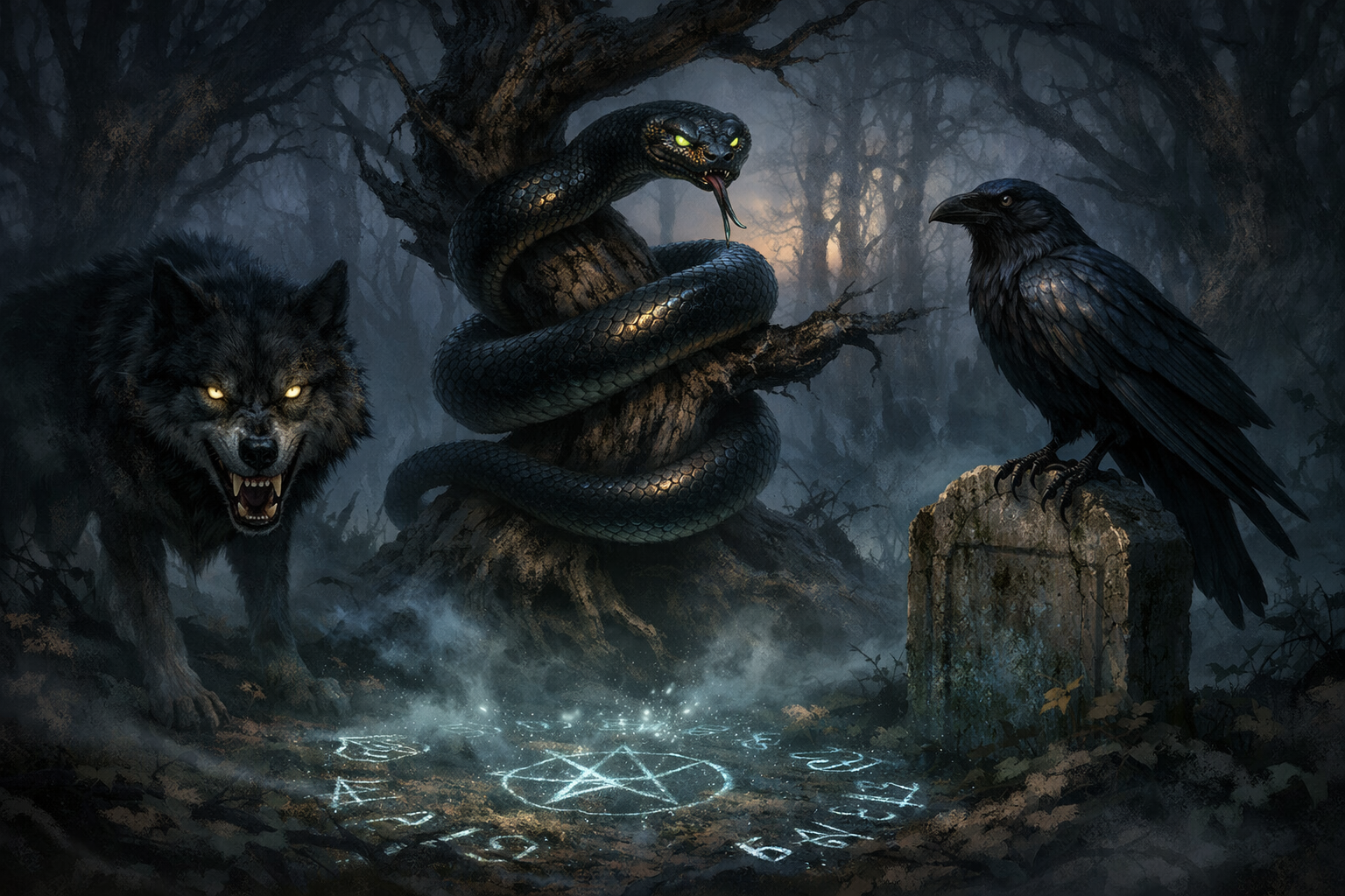 The image depicts a dark, mystical forest bathed in twilight, where three prominent figures emerge from the shadows. On the left, a menacing wolf with piercing yellow eyes stands alert, its fur bristled and teeth bared, embodying the archetype of the big bad wolf. In the center, a sleek, sinuous snake coils around a gnarled tree branch, its scales glistening ominously, a forked tongue flicking in and out, suggesting both seduction and danger. To the right, a large raven perches atop a weathered tombstone, its glossy feathers absorbing the fading light, gazing intently with an air of intelligence and foreboding. The background is filled with twisted trees and a fog that creeps along the ground, enhancing the eerie atmosphere. A faint, ethereal glow emanates from the ground, illuminating symbols and runes that hint at ancient stories, evoking a sense of enchantment and foreboding intertwined in the natural