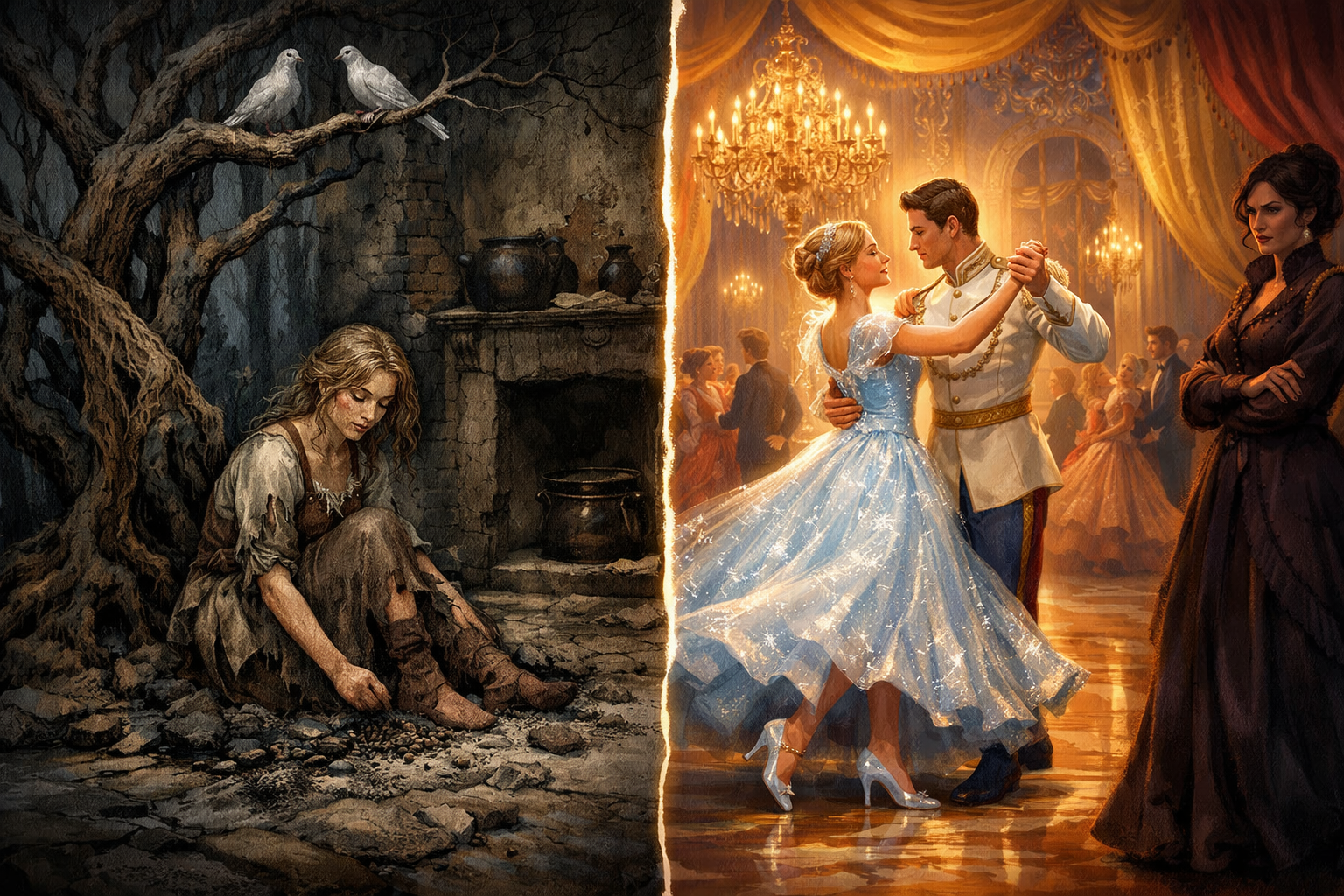 The image depicts a split scene illustrating the contrasting interpretations of the Cinderella story as told by the Brothers Grimm and Disney. On the left, a dark, somber forest setting symbolizes the Grimm version, with a distressed Cinderella sitting on a kitchen floor covered in ash, surrounded by a twisted, gnarled hazel tree with doves perched above. She wears a tattered dress, and her expression reflects hardship and resilience. In stark contrast, the right side showcases a vibrant, colorful ballroom, filled with light and joy. Cinderella, adorned in a sparkling gown with glass slippers, dances elegantly with a handsome prince amid a backdrop of lavish decorations and a warm atmosphere. The stifling presence of her wicked stepmother lurks in the shadows, emphasizing the differences in character portrayal. This juxtaposition highlights the thematic divergence of hardship versus magical relief in the two narratives.