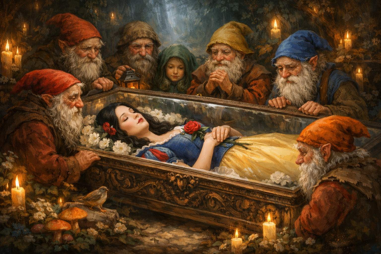 schneewittchn im sarg, zwerge drumherum