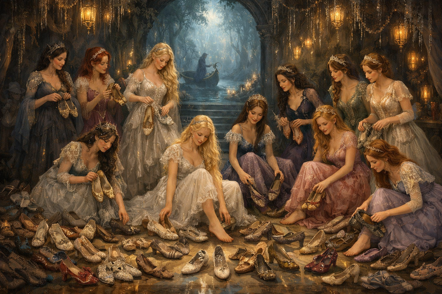 die prinzessinnen aus dem märchen die zertanzten schuhe betrachten ihre schuhe